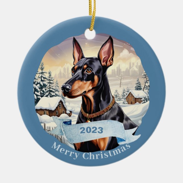 Adorno De Cerámica Navidades de perros de acuarela Doberman Pinscher (Frente)