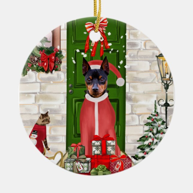 Adorno De Cerámica Navidades de Perros de Pinscher en miniatura (Frente)