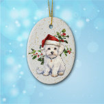 Adorno De Cerámica Navidades de perros malteses muy curos Holly<br><div class="desc">La imagen en la parte delantera de este adorable adorno navideño es de un perro maltés que lleva un gorra rojo y blanco de Santa Claus. Detrás de él hay una espiral de bayas rojas y sagradas. El minúsculo confetti dorado sobre un fondo blanco da un poco de purpurina al...</div>