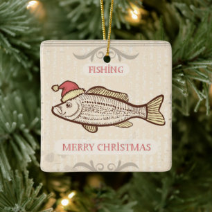 Adorno De Cerámica Navidades De Pesca Retro Pescan En Santa Hat