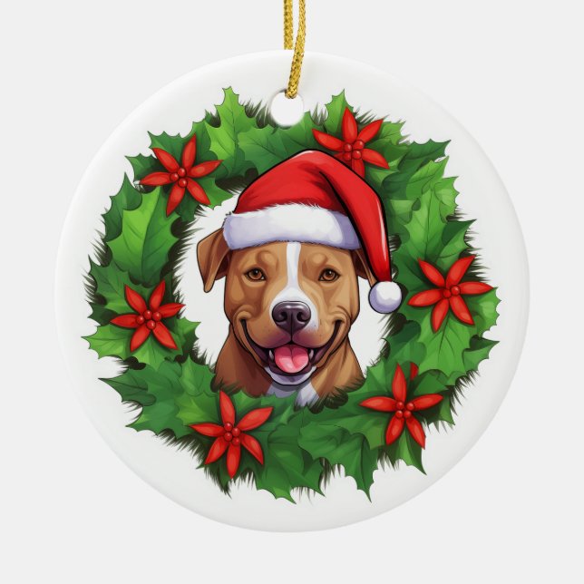 Adorno De Cerámica Navidades de Pit Bull Wreath Ornament (Frente)