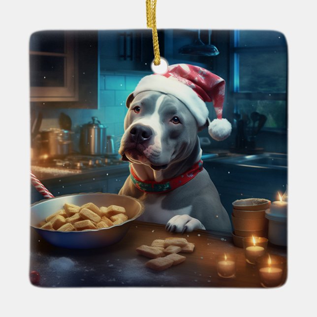 Adorno De Cerámica Navidades de Pitbull Terrier en vacaciones (Anverso)