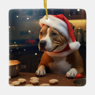 Adorno De Cerámica Navidades de Pitbull Terrier en vacaciones festiva
