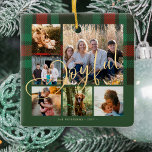 Adorno De Cerámica Navidades de plaid de la familia de guion alegre<br><div class="desc">Elegante y elegante tartán de manta verde de bosque rojo con adorno de árbol de sake de oro alegre y falso oro personalizado con seis fotos y nombre de familia.</div>