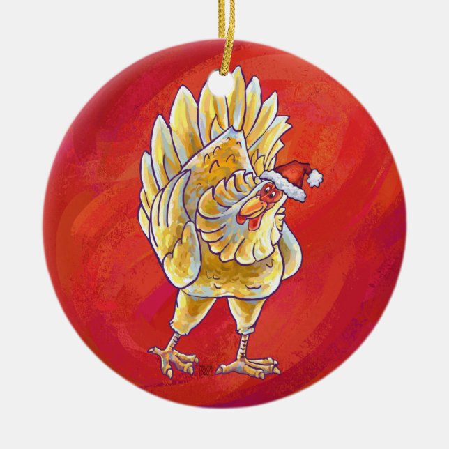 Adorno De Cerámica Navidades De Pollo En Rojo (Frente)