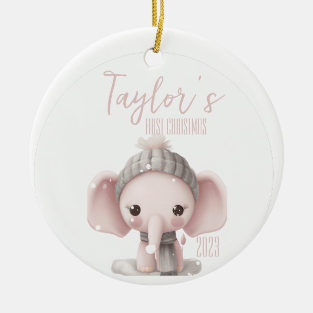 Adorno De Cerámica Navidades de primer elefante bebé personalizados (Frente)