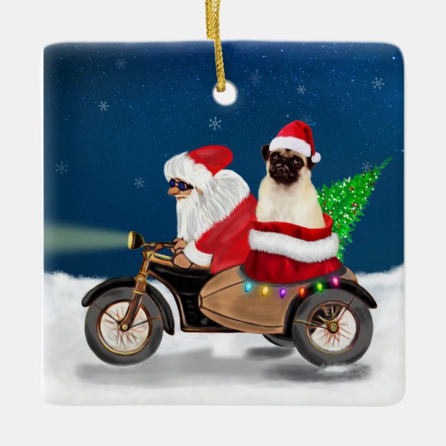 Adorno De Cerámica Navidades de pug Dog Santa Claus  (Anverso)