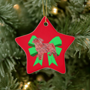 Adorno De Cerámica Navidades de Pug Dog Silhouette Green Bow
