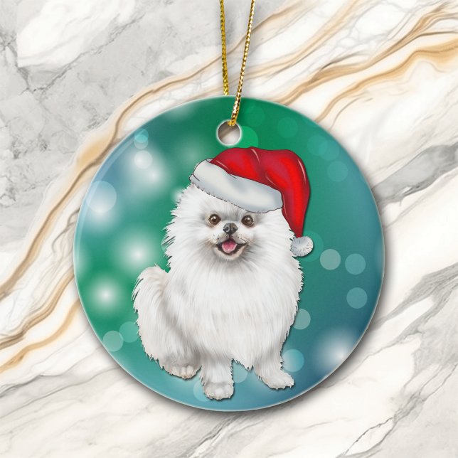 Adorno De Cerámica Navidades de Red Santa Hat Perro Pomerania Blanco (Subido por el creador)