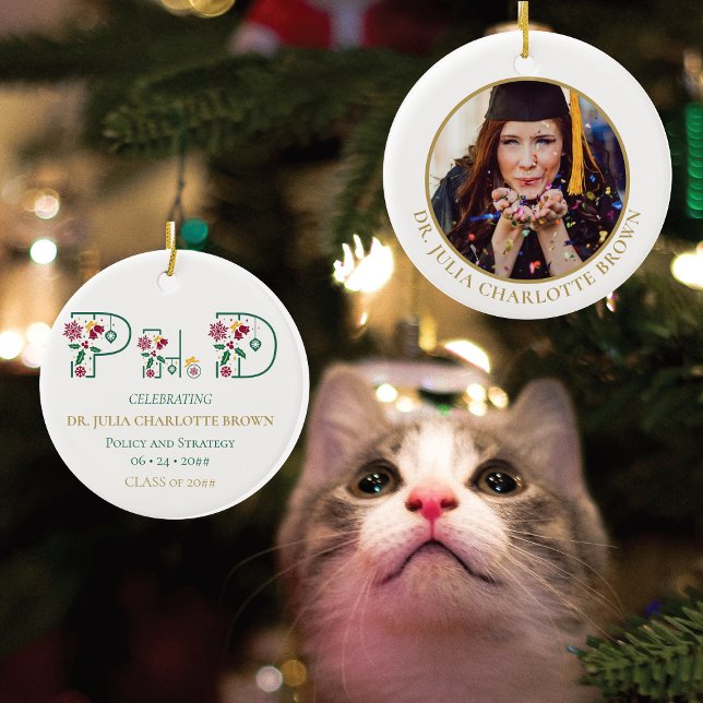Adorno De Cerámica Navidades de regalo del doctorado Keepsake de doct (Gift for PhD Graduate, PhinisheD First Christmas as a Doctor, Personalized PhD Degree Photo Ornament)