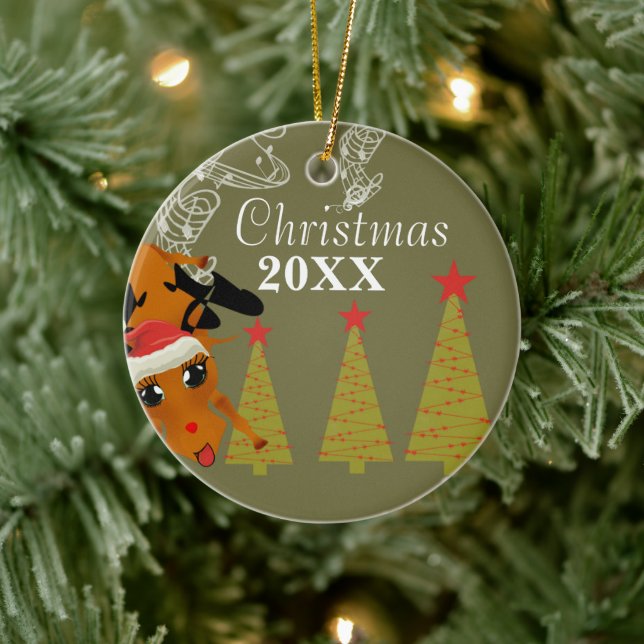 Adorno De Cerámica Navidades de renos divertidos y parejas foto ornam (Árbol)