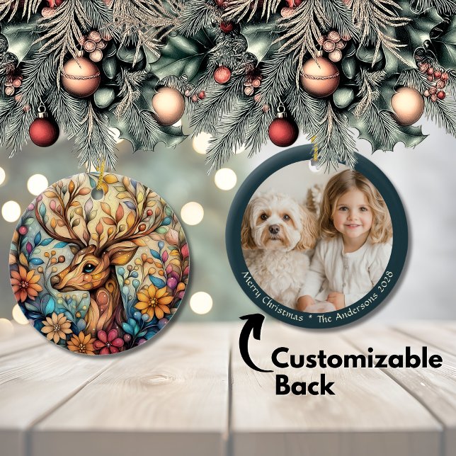 Adorno De Cerámica Navidades de renos encantadores Personalizable cer (Enchanting Reindeer Christmas Customizable Ceramic Ceramic Ornament)