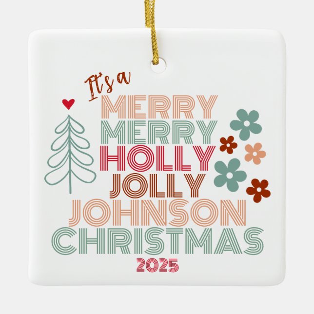 Adorno De Cerámica Navidades de Retro Merry Merry Holly Jolly (Anverso)