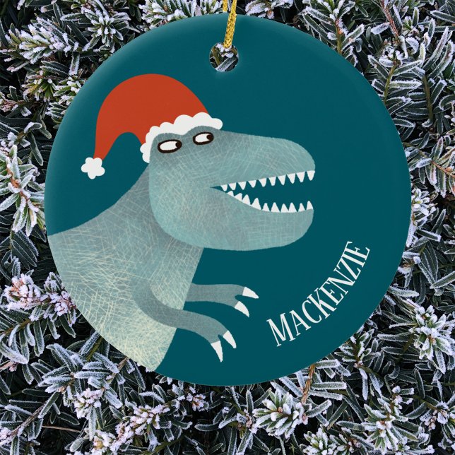 Adorno De Cerámica Navidades de Rex de Tyrannosaurus Santa Hat Person (Tyrannosaurus Rex dinosaur in a Christmas Santa Hat personalized custom name ornament)