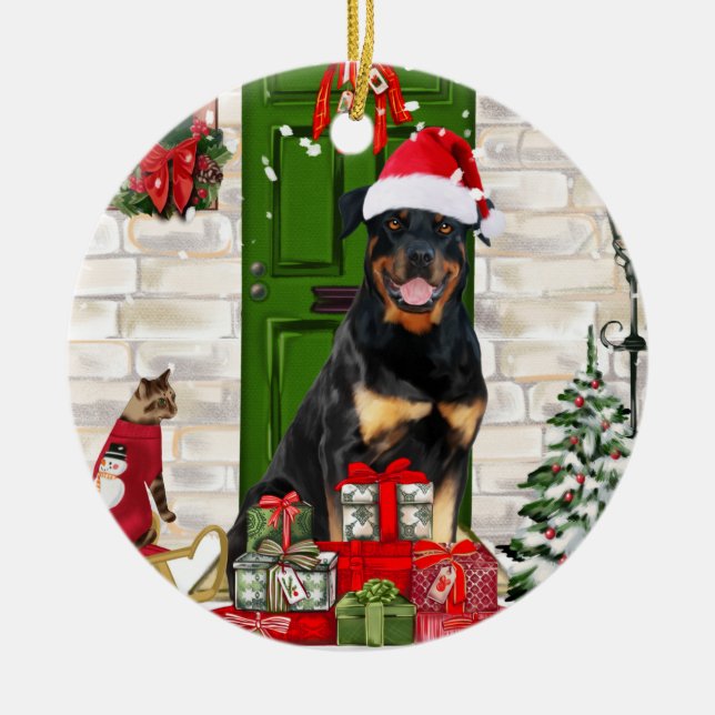 Adorno De Cerámica Navidades de Rottweiler Dog (Frente)