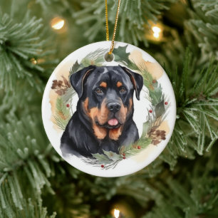 Adorno De Cerámica Navidades de Rottweiler Wreath Festimes Pup