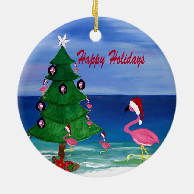 Adorno De Cerámica Navidades de Santa Flamingo recortan un árbol (Atrás)