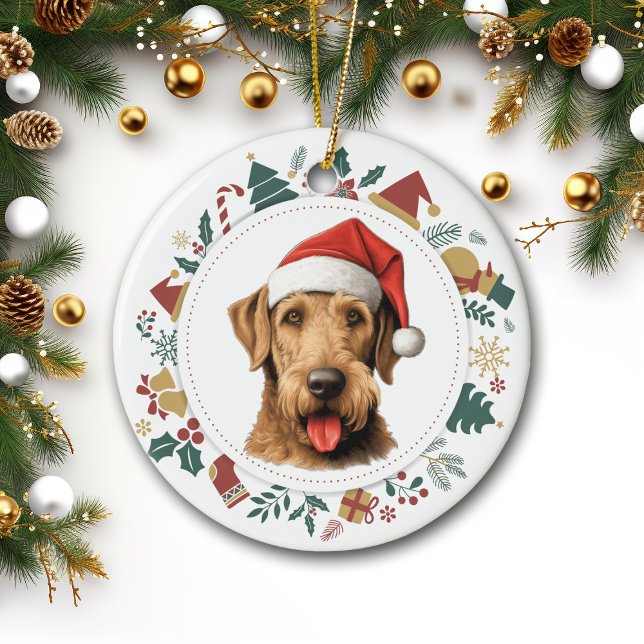 Adorno De Cerámica Navidades de Santa Hat Airedale Terrier Wreath (Subido por el creador)