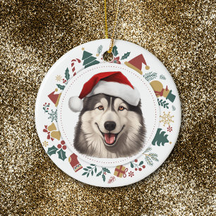 Adorno De Cerámica Navidades de Santa Hat Alaskan Malamute
