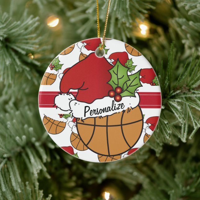 Adorno De Cerámica Navidades de Santa Hat Basketball | Nombre DIY (Árbol)
