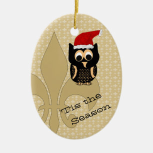 Adorno De Cerámica Navidades de Santa Owl Fleur de Lis