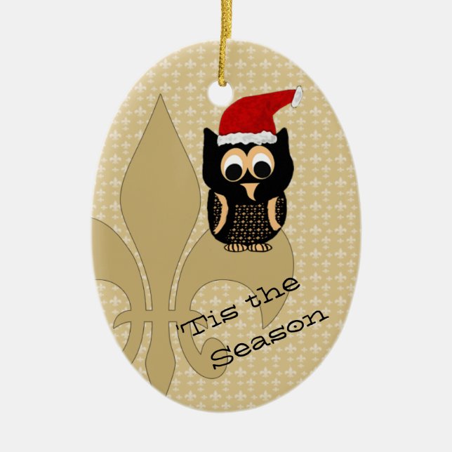 Adorno De Cerámica Navidades de Santa Owl Fleur de Lis (Frente)
