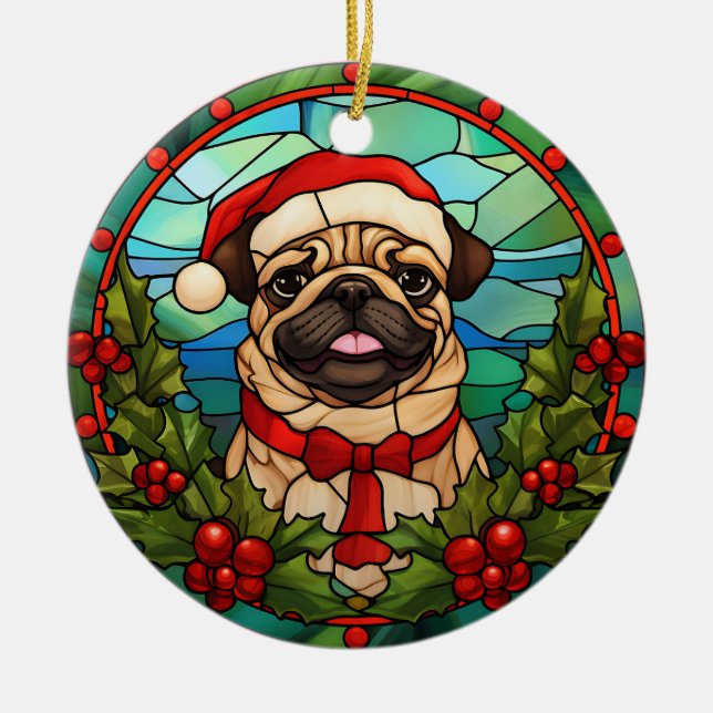 Adorno De Cerámica Navidades de Santa Pug Dog Holly Berry Wreath (Frente)