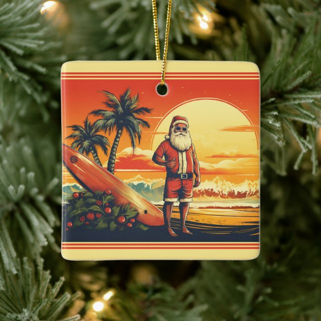 Adorno De Cerámica Navidades de Santa Surfing Retro Beach personaliza (Árbol)