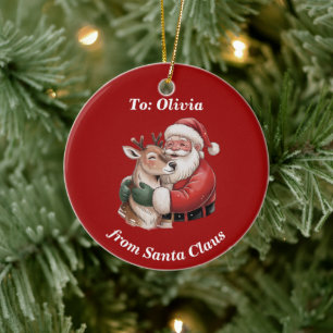 Adorno De Cerámica Navidades de Santa y Reindeer Hug personalizados