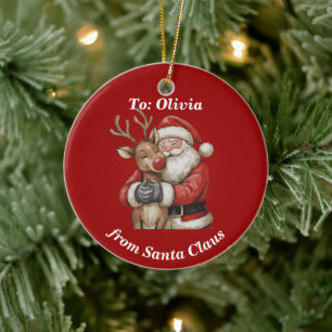 Adorno De Cerámica Navidades de Santa y Reindeer Hug personalizados