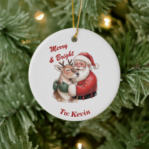 Adorno De Cerámica Navidades de Santa y Reindeer Hug personalizados