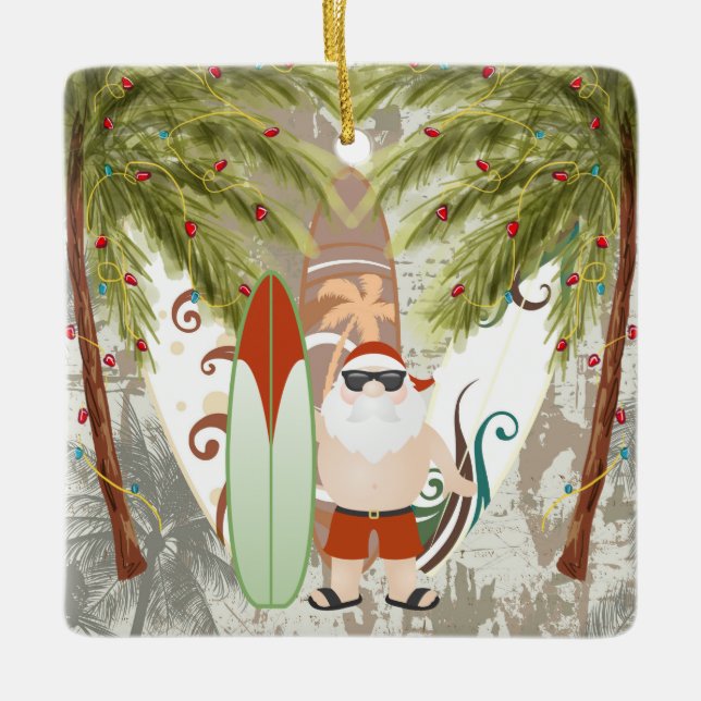 Adorno De Cerámica Navidades de Santa y Surfboard Beach personalizado (Anverso)