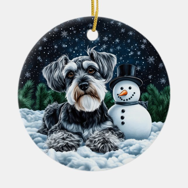 Adorno De Cerámica Navidades de Schnauzer y Snowman (Frente)