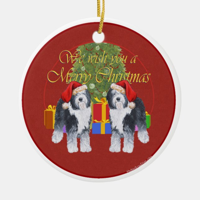 Adorno De Cerámica Navidades de Sheepdog ingleses viejos (Frente)