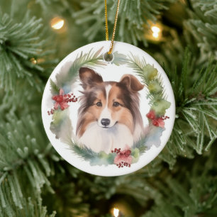 Adorno De Cerámica Navidades de Shetland Sheepdog Wreath Festimes Pup