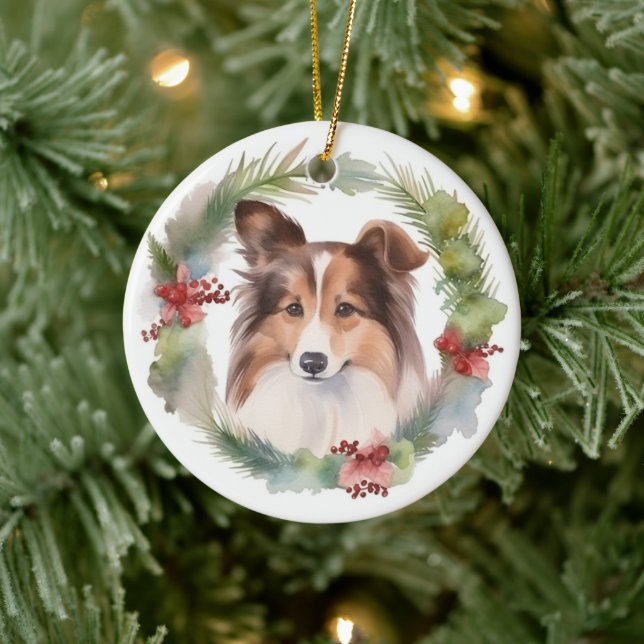 Adorno De Cerámica Navidades de Shetland Sheepdog Wreath Festimes Pup (Árbol)