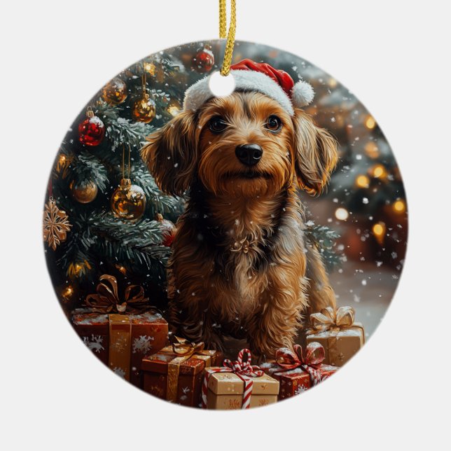 Adorno De Cerámica Navidades de Silky Wire Haired Dachshund (Frente)