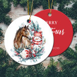 Adorno De Cerámica Navidades de snowman acuarela elegante<br><div class="desc">El diseño de Navidades personalizados para caballos y hombres de nieve con elegantes Navidades corona y hermoso adorno blanco y rojo para los amantes del caballo. Personalízalo en la espalda.</div>