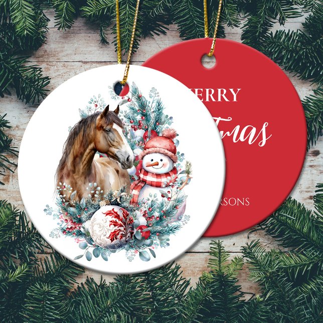 Adorno De Cerámica Navidades de snowman acuarela elegante (Horse snowman Christmas watercolor elegant Ceramic Ornament)