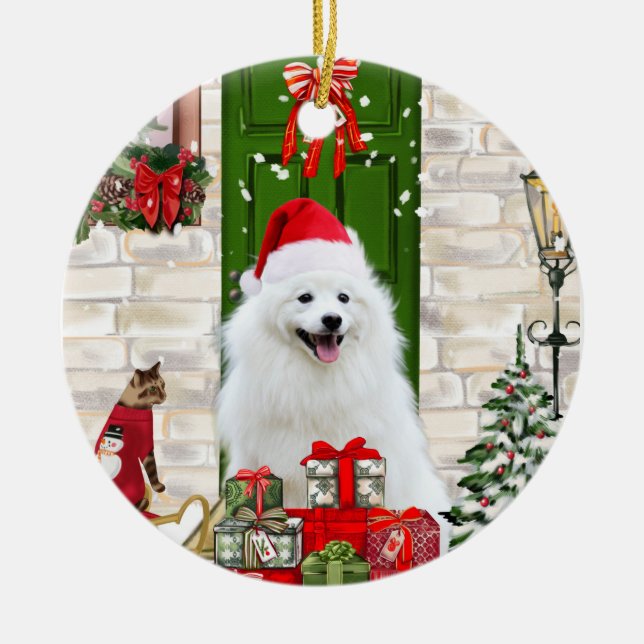 Adorno De Cerámica Navidades de Spitz Dog (Frente)