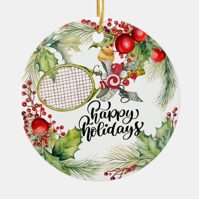 Adorno De Cerámica Navidades de tenis con acuarela de raqueta (Frente)