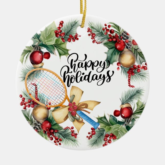 Adorno De Cerámica Navidades de tenis con acuarela de raqueta (Frente)