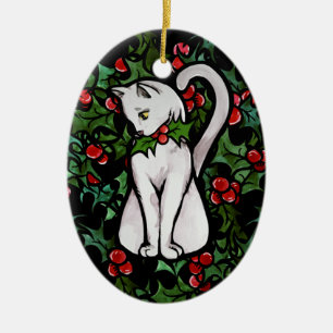 Adorno De Cerámica Navidades de vacaciones Holly White Cat