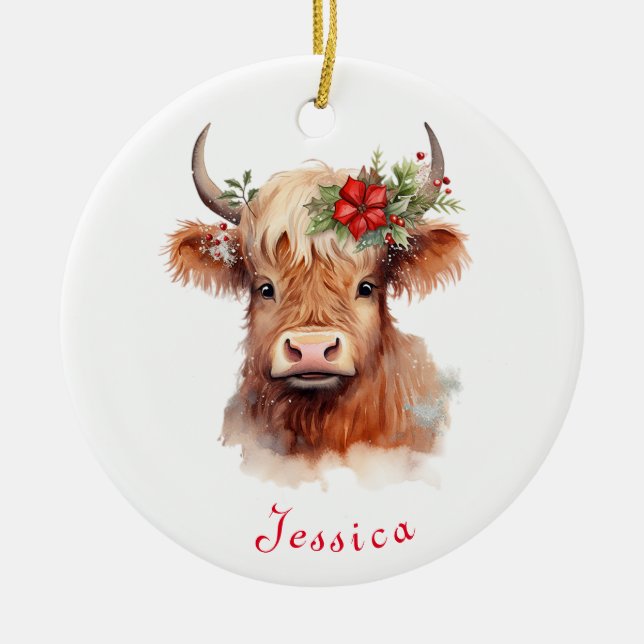 Adorno De Cerámica Navidades de vacas de Highland Nombre personalizad (Frente)
