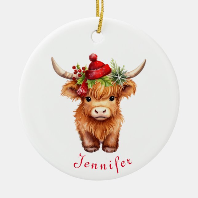 Adorno De Cerámica Navidades de vacas de Highland Santa Hat personali (Frente)