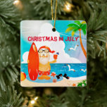 Adorno De Cerámica Navidades De Verano Fiesta Beach Santa Claus En Ju<br><div class="desc">Fiesta de verano Playa Santa Claus Navidades En julio, el ornamento cerámico cuenta con escenas de playa tropical, Santa Claus lindo y plantilla de texto. Un diseño perfecto para el fiesta de verano, el 4 de julio fiesta, fiesta de reunión familiar, fiesta bbq o fiesta de playa. Por favor, haga...</div>
