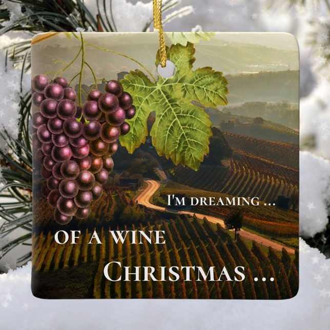 Adorno De Cerámica Navidades de vino divertidos personalizados (Ornament featuring a landscape scene with vineyards and an image of grapes with vine ranks)