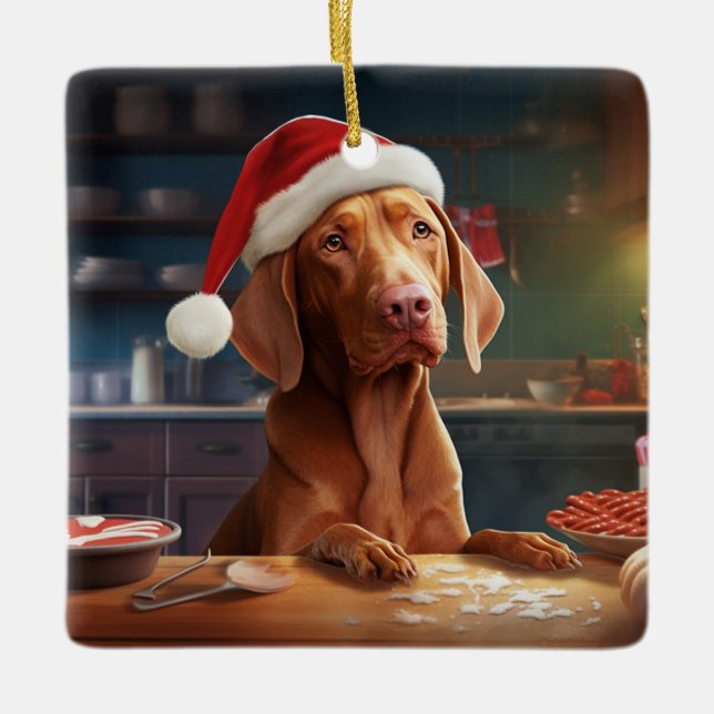 Adorno De Cerámica Navidades de Vizsla en vacaciones festivas (Anverso)