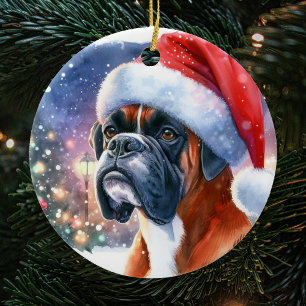 Adorno De Cerámica Navidades de Watercolor Boxer Dog Santa Hat