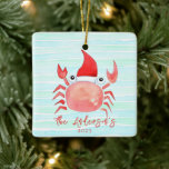 Adorno De Cerámica Navidades de Watercolor Red Crab Santa Hat Beach<br><div class="desc">Mejora tu decoración de Navidades costeros con nuestro encantador Ornamento de Navidad Beach. Este singular ornamento cuenta con un delicioso Cangrejo Rojo acuarela sobre un Sombrero Santa, situado en un entorno sereno de acuarelas abstractas de las olas del océano en azul acuático claro y verde menta. Haz de este ornamento...</div>